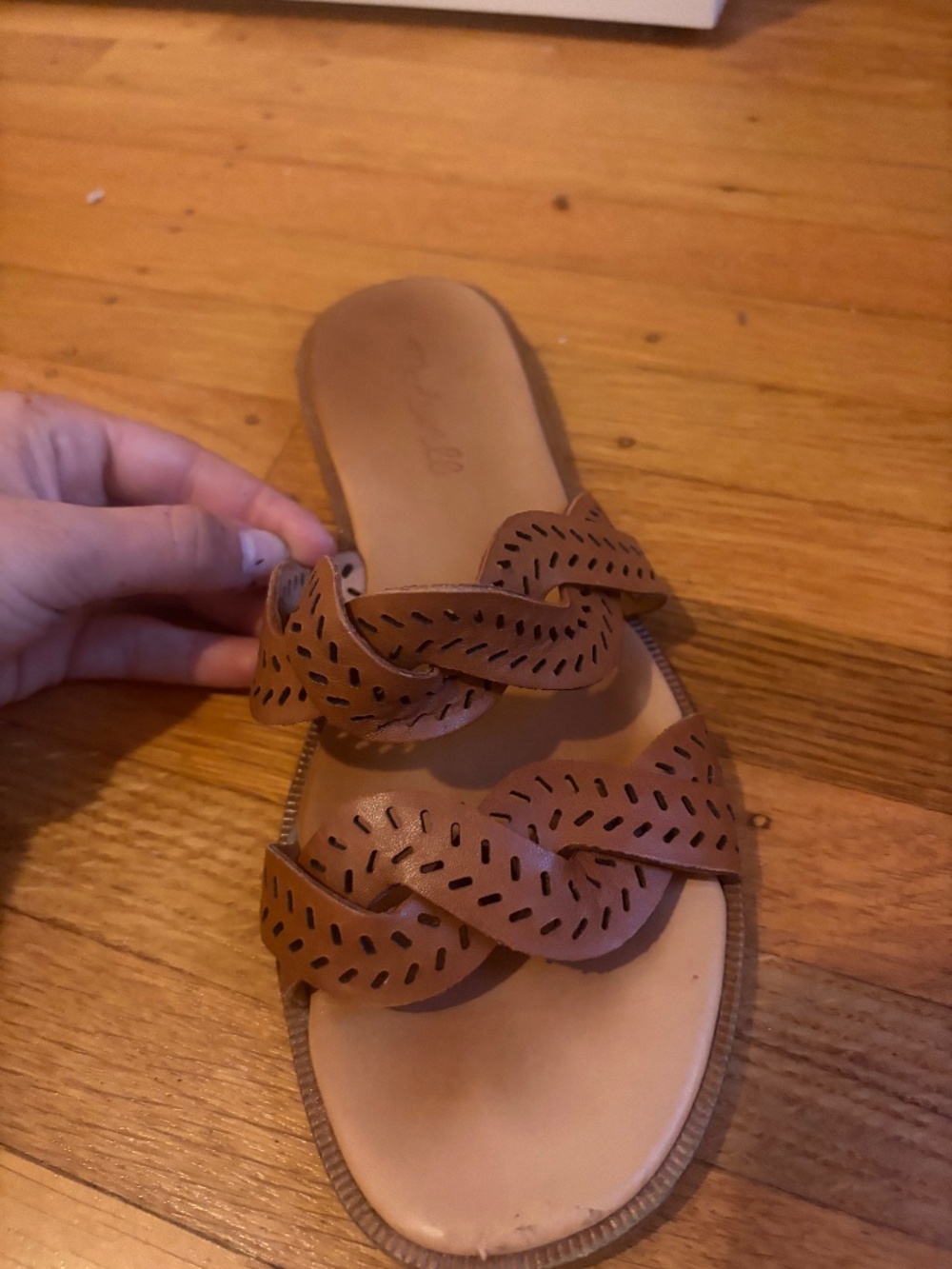 Madewell Brown Leather Laser-Cut Woven Slide Sandals - Size 7